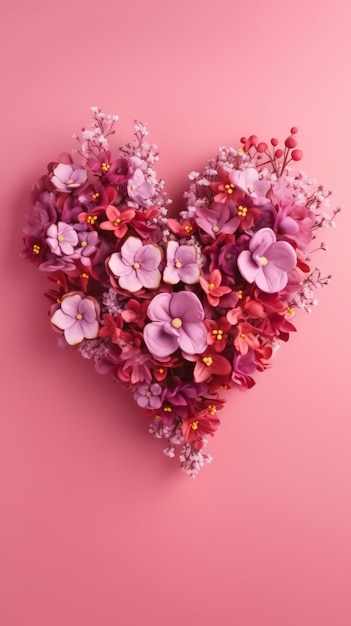 Romantici fiori rossi a forma di cuore su sfondo rosa AI generato