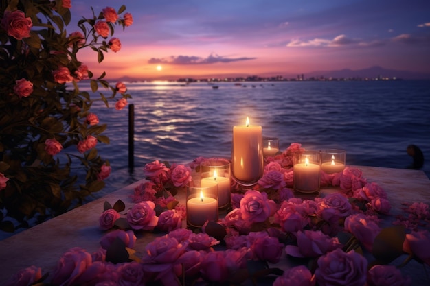 Romanticismo in riva al mare Candele, fiori e tramonto Illustrazione AI generativa