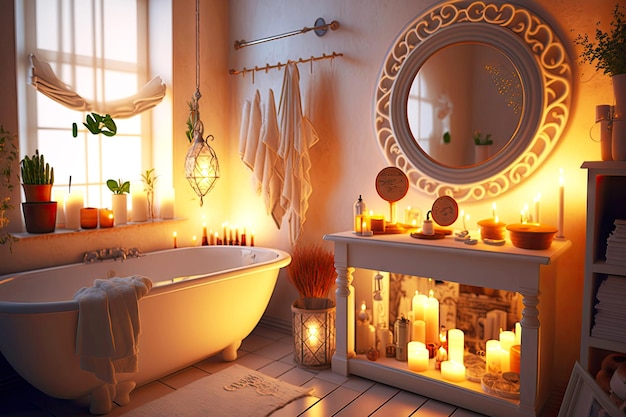 Romantico bagno luminoso con candele e lente d'ingrandimento in camera creata con ai generativo