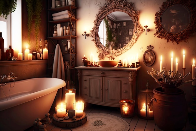 Romantico bagno luminoso con candele e lente d'ingrandimento in camera creata con ai generativo