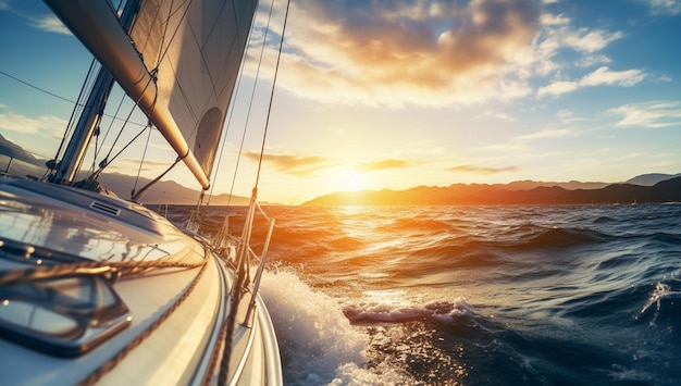 Romantico cielo blu paesaggio marino onda stile di vita tramonto yacht orizzonte viaggio oceano mare navigazione di lusso canottaggio estate acqua barca a vela sport nave vento vela