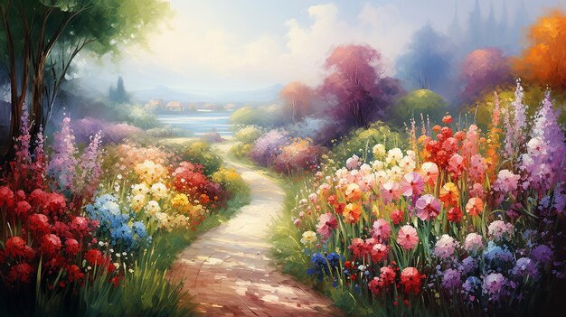 Romantico giardino fiorito estivo un dipinto di giardino fiorito estivo che ha un'atmosfera romantica