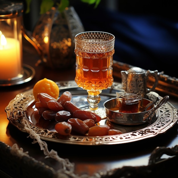 Rompere il digiuno con datteri secchi durante il Ramadan Kareem Iftar pasto con datteri e tè arabo in tradizionale angolo di vetro vista su sfondo blu rustico festa musulmana