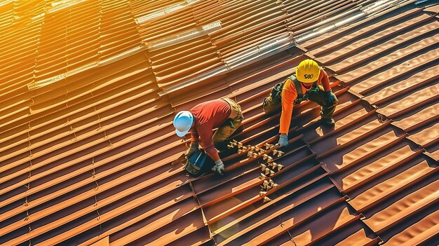 Roofing al lavoro installando piastrelle di argilla