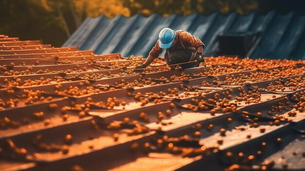 Roofing al lavoro installando piastrelle di argilla