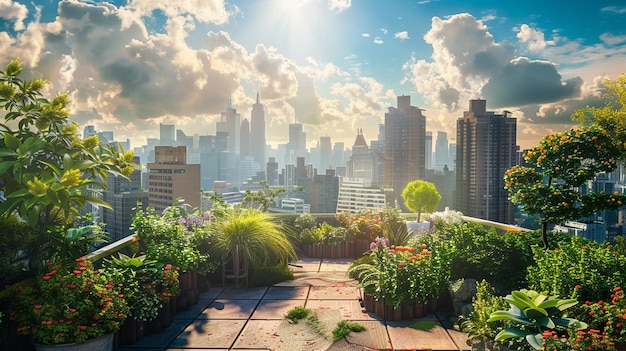 Rooftop Garden City Skyline View Illustrazione dell'oasi verde