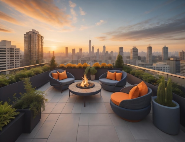 Rooftop moderno dotato di divani e giardini fioriti con vista su edifici alti