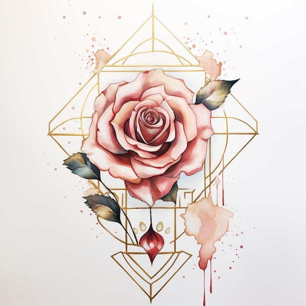 Rosa ad acquerello con cornici geometriche d'oro