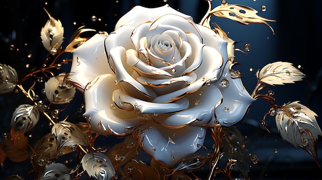 Rosa bianca 3d fantasia lucida bagnata intricata elegante 8k concept art di pittura digitale altamente dettagliata