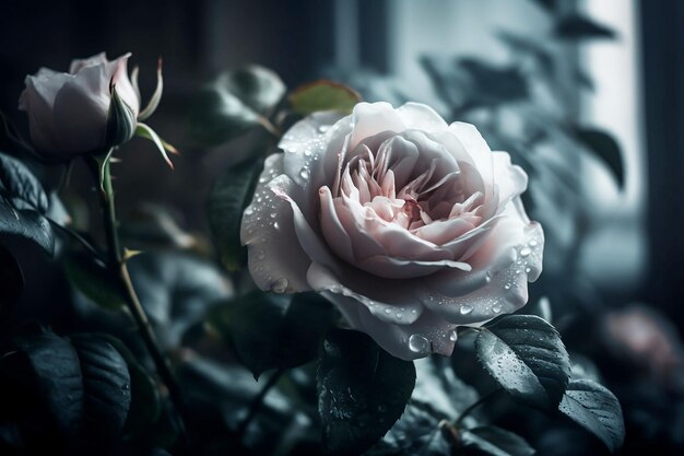Rosa bianca in fiore in gocce di rugiada da vicino