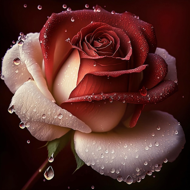 Rosa bianca su sfondo rosso con gocce d'acqua da vicino