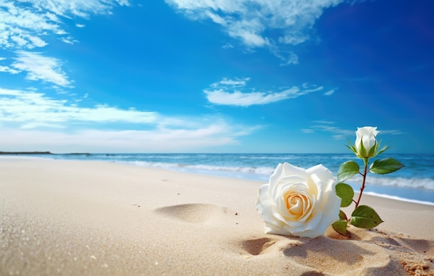 Rosa bianca sulla sabbia sullo sfondo del mare e del cielo blu