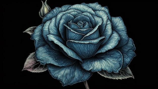 Rosa blu isolata su sfondo nero Disegnata a mano illustrazionegenerativa ai