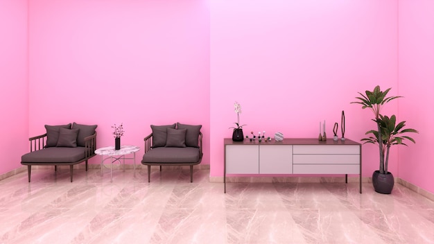 Rosa brillante sulla parete del soggiorno con mobili moderni