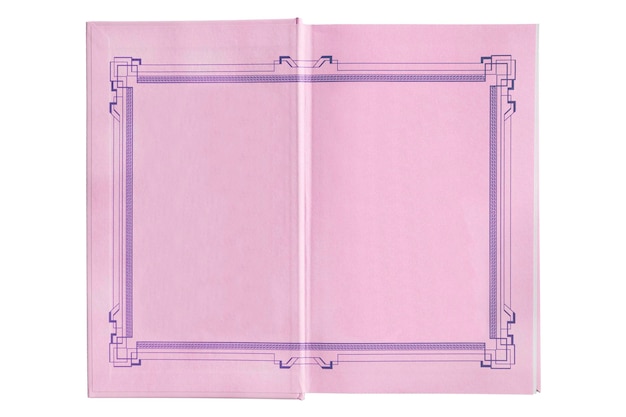 Rosa libro vuoto diffuso isolato su bianco
