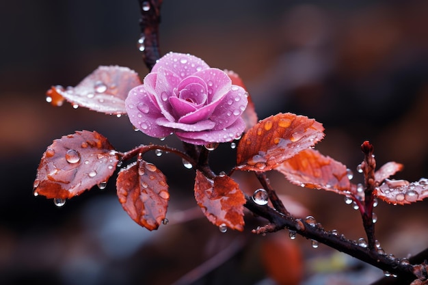 rosa rosa con gocce d'acqua sulle foglie