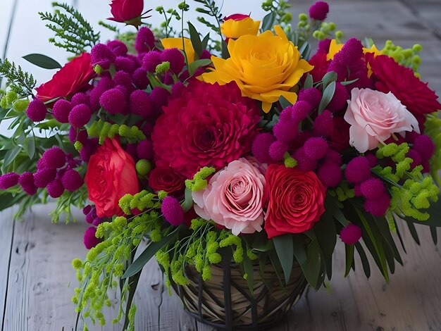 'Rosa rosa e fiori di orchidea tropicale con foglie verdi composizione floreale sullo sfondo del matrimonio natura