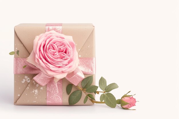 Rosa rosa isolata e scatola regalo avvolta in carta kraft