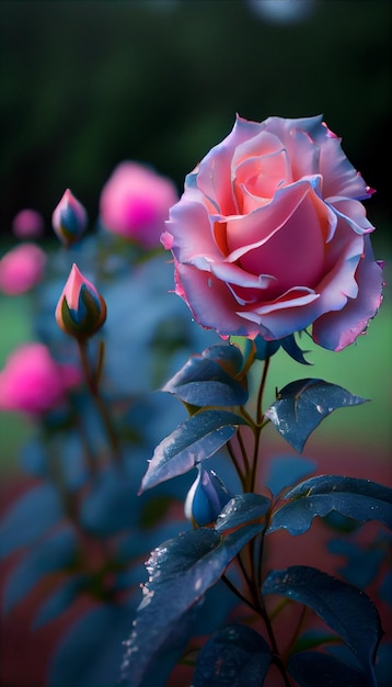 Rosa rosa seduta in cima a un lussureggiante campo verde ai generativo