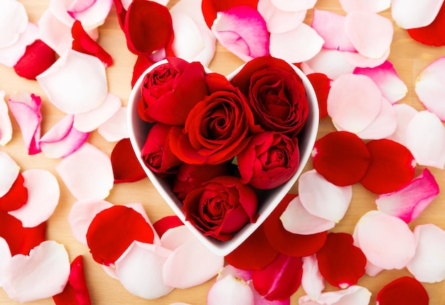 Rosa rossa all'interno della ciotola a forma di cuore con petalo accanto