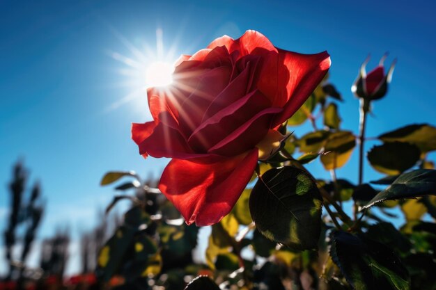 Rosa rossa che fiorisce in una scintilla di calda luce solare contro il cielo blu creato con l'AI generativa