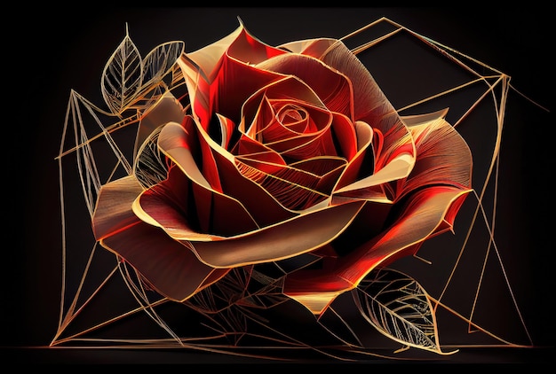 Rosa rossa con cornice geometrica dorata che disegna lo sfondo della linea AI generativa