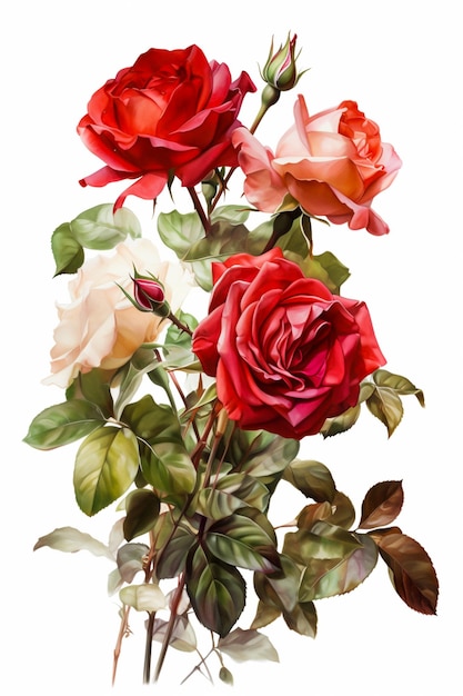 Rosa rossa con foglie verdi isolati su sfondo bianco Illustrazione ad acquerello