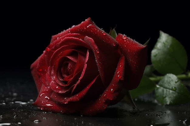 Rosa rossa con gocce d'acqua sui petali