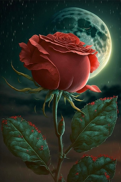 Rosa rossa con una luna piena sullo sfondo ai generativa