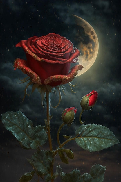 Rosa rossa con una mezza luna sullo sfondo ai generativa