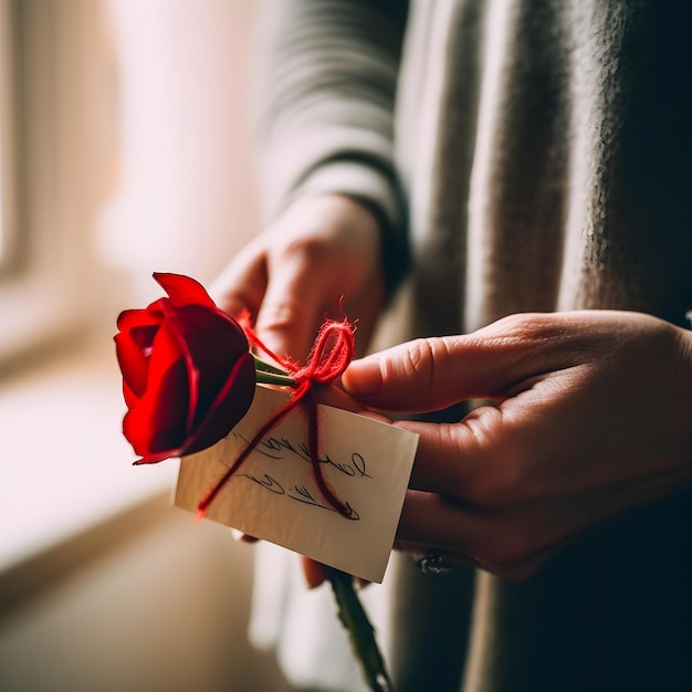 Rosa rossa d'amore Mani accattivanti che tengono un simbolo di affetto con nota d'amore allegata