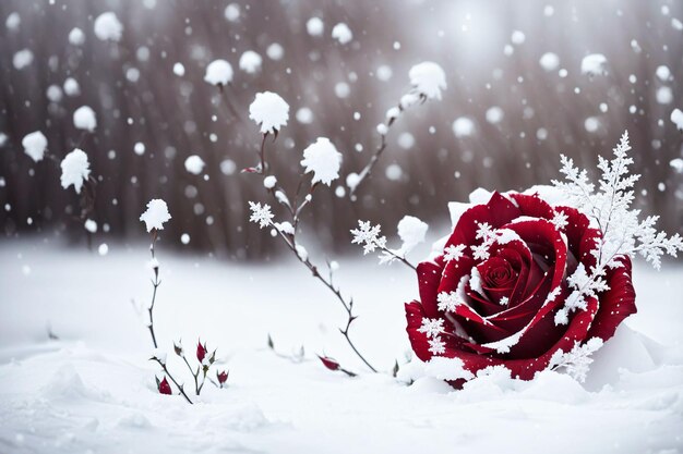 Rosa rossa in un ambiente innevato