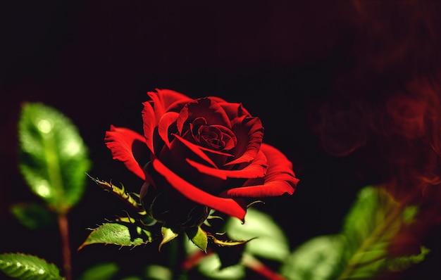 Rosa rossa su sfondo nero con spazio di copia per il testo concetto del giorno di San Valentino