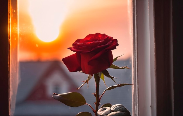 Rosa rossa sul davanzale al tramonto Il concetto di San Valentino