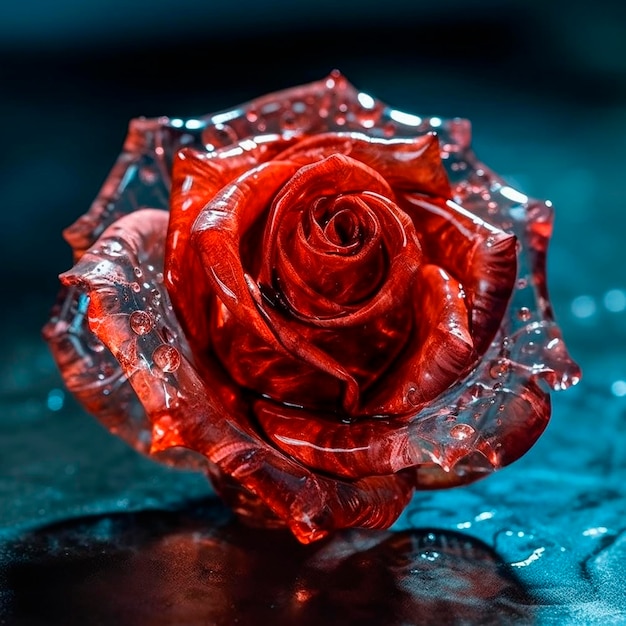 Rosa rossa trasparente fatta di vetro su uno sfondo blu sfondo floreale insolito natura creativa