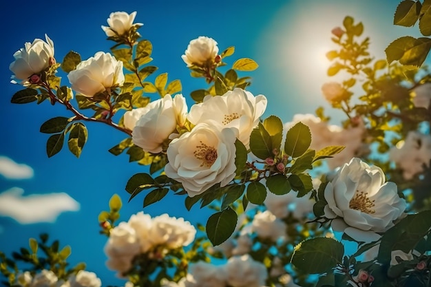Rose a cespuglio bianche su uno sfondo di cielo blu alla luce del sole. Bellissimo dorso floreale primaverile o estivo