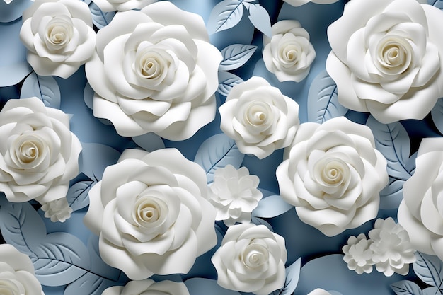 Rose bianche 3D sparse sullo sfondo blu da Generative AI