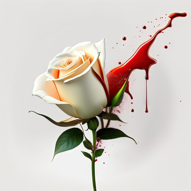 Rose bianche con schizzi di liquido rosso su sfondo bianco Arte digitale