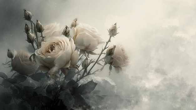 Rose bianche con sfondo nebbioso vuoto vuoto