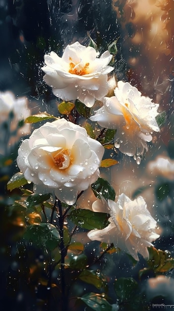 Rose bianche in fiore con gocce d'acqua closeup sfondo Sfondo di primavera Ai generato