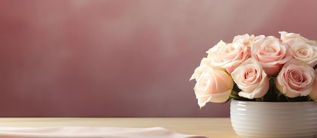 Rose bianche in un vaso rosa su un tavolo di legno in un interno vuoto con un panno color pastello