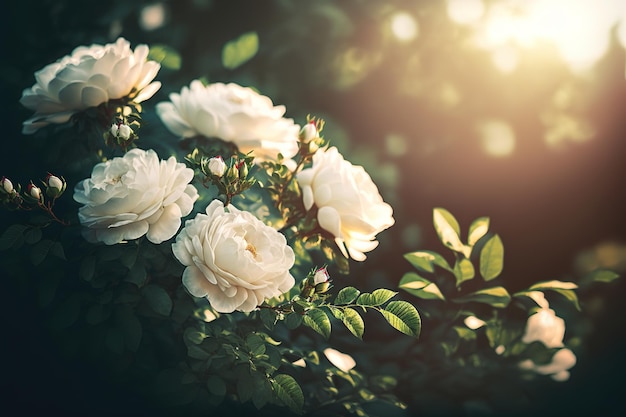 rose bianche su sfondo sfocato naturale in un giardino nello spazio della copia del tempo mattutino