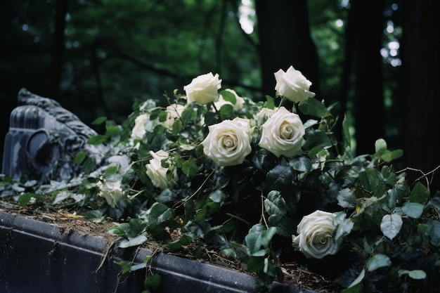 rose bianche su una lapide in un cimitero