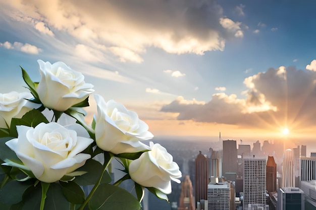 rose bianche sullo sfondo di un paesaggio urbano con una città sullo sfondo.