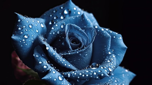 Rose blu con gocce d'acqua su sfondo nero