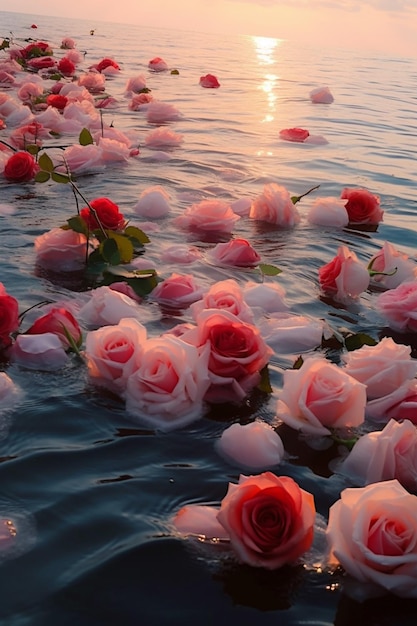 rose che galleggiano nell'acqua al tramonto con il sole che tramonta ai generativo