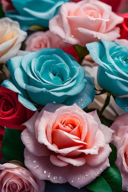 Rose con altre blu sul lato tante rose