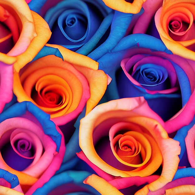 Rose di colori vivaci sono disposte in un modello per fare uno sfondo generativo ai