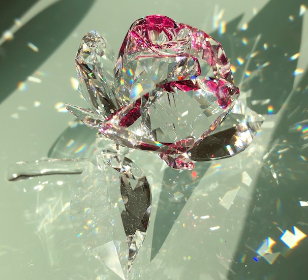 Rose di cristallo con riflesso sul tavolo