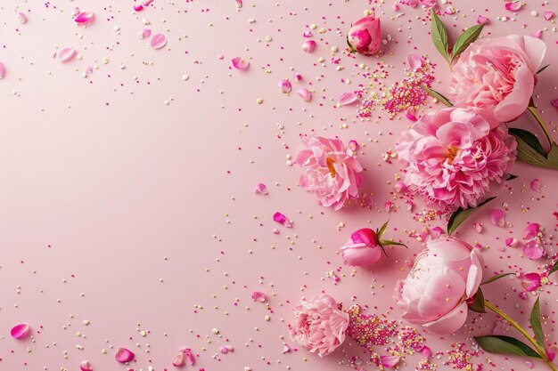 Rose di peonia rosa e spruzzate su uno sfondo rosa pastello